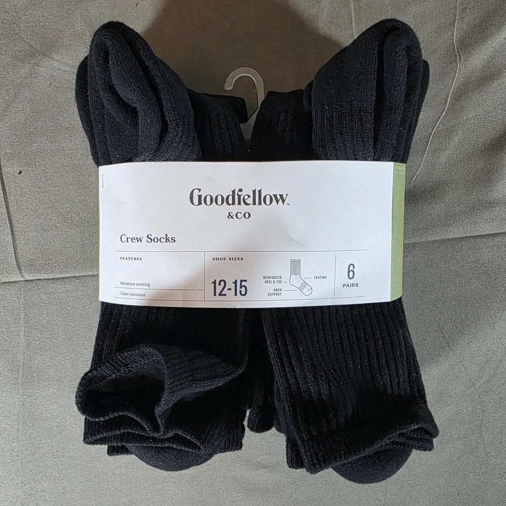 Goodfellow & Co Mens 6 Pair Black Crew Socks Shoe Size 12-15 Arch Support New
